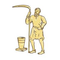 Medieval Farmer Holding Scythe Etching vector