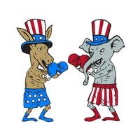 boxeador de burro demócrata y caricatura de mascota de elefante republicano vector