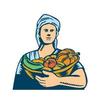 Lady Organic Farmer Produce Harvest Woodcut vector