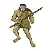 Neanderthal Man Holding Spear Etching vector