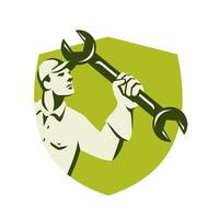 Mechanic Wielding Spanner Wrench Shield Retro vector