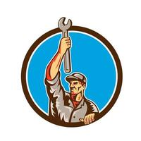 Mechanic Raising Up Spanner Circle Retro vector