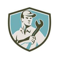 Mechanic Holding Spanner Front Shield Retro vector