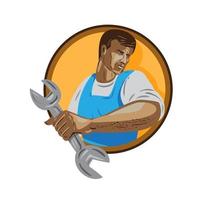 Mechanic Worker Holding Spanner Circle WPA vector