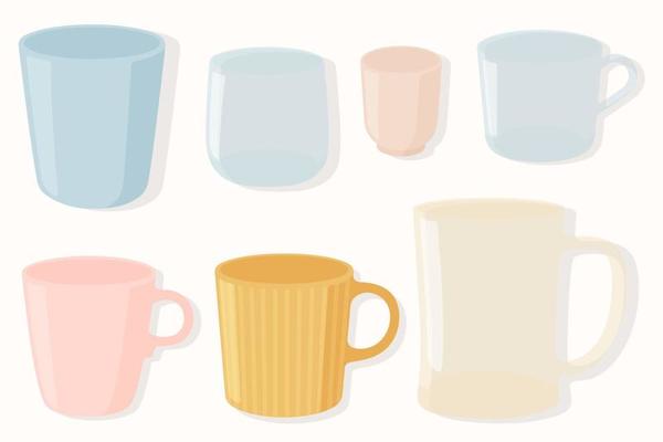 Set of empty cups with different colors.