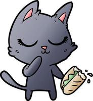 calm cartoon cat considering sharing a baguette vector