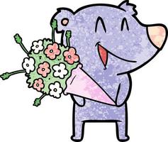 laughing bear cartoon with flowers vector