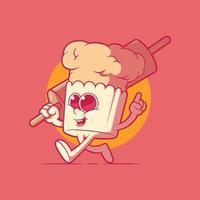 Muffin character holding a dough roller vector illustration. Food, funny, brand design concept.