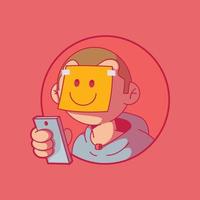 un personaje que sostiene un teléfono inteligente con una ilustración de vector de cara feliz. redes sociales, tecnología, concepto de diseño de emoticonos.