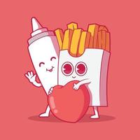 lindas papas fritas y personajes de mayonesa ilustración vectorial. comida, divertido, conceptos de diseño de amor. vector