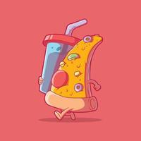 personaje de pizza corriendo sosteniendo una ilustración de vector de taza. comida, divertido, concepto de diseño de marca.