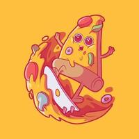 Pizza character surfing on a board vector illustration. Food, funny, brand design concept.