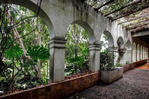 colonial architecture, arches surrounded by vegetation, play of light and shadows inside the space, natural materials photo