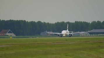 AMSTERDAM, THE NETHERLANDS JULY 24, 2017 - Passenger Airbus A320 of Finnair accelerating for takeoff at Amsterdam Airport. Tourism and travel concept video