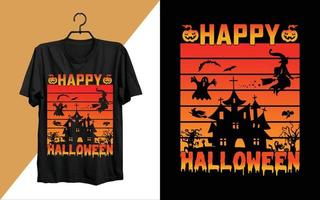 Halloween retro color T-shirt design with a haunted house, gravestones, and zombie hands. Halloween scary T-shirt design with vintage color and silhouette shapes. Scary fashion design for Halloween. vector