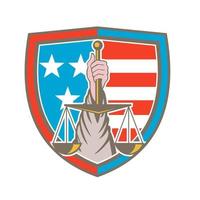 Hand Holding Scales of Justice Shield Retro vector