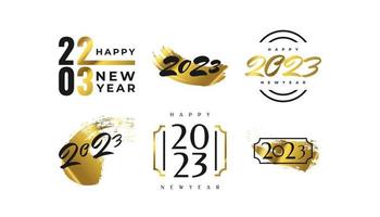 Set of 2023 Happy New Year Logo Text Design with Golden Brush. 2023 Happy New Year Symbol Isolated on White Background. Usable for Label, Calendar Design or Celebration Card vector