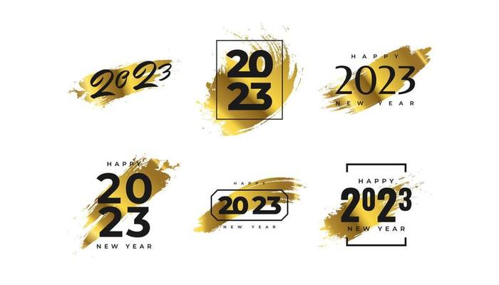 Set of 2023 Happy New Year Logo Text Design with Golden Brush. 2023 Happy New Year Symbol Isolated on White Background. Usable for Label, Calendar Design or Celebration Card