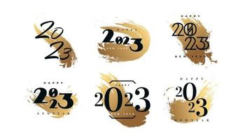 Set of 2023 Happy New Year Logo Text Design with Golden Brush. 2023 Happy New Year Symbol Isolated on White Background. Usable for Label, Calendar Design or Celebration Card vector