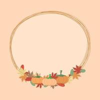 Vector - Line circle with pumpkin, maple leaves on light orange background. Coy space. Can be use for card, banner, web.