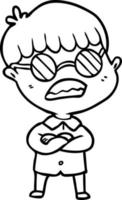 cartoon boy with crossed arms wearing spectacles vector