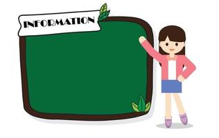 Funny Smiling girl standing beside and point to blackboard and copy space can show information for presentation, banner, manual, brochure. Vector illustration isolated on white background.