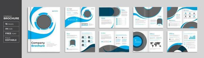 Blue corporate 16 page brochure and booklet template, modern company profile layout Pro Vector