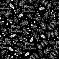 patrón de navidad sin costuras con ramitas, bayas, hojas, estrellas sobre un fondo negro vector