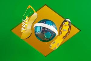objeto de balones de fútbol, diseño de balones deportivos, elemento de fútbol concepto de color de brasil, ilustración 3d, tecnología de fútbol abstracto, teléfono inteligente móvil, fondo verde, deporte en línea en vivo, bandera de brasil foto