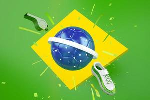 football balls object, sport ball design, football element Brazil color concept, 3d illustration, abstract football technology, smartphone mobile, green background, online sport live, Brazil flag photo