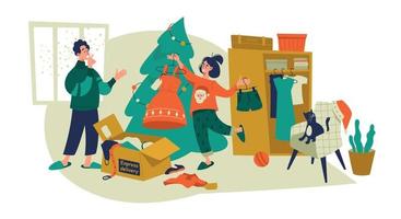 Dressing up for the holiday. The girl received a delivery with clothes. Family in the interior of the apartment. Preparation for the new year. Vector image.