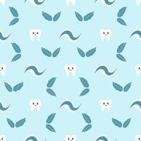 Seamless pattern with cute kawaii healthy tooth. Vector illustration of cartoon teeth on blue background for wrapping paper, fabric print, cover, card and web design