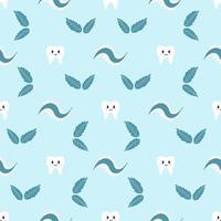 Seamless pattern with cute kawaii healthy tooth. Vector illustration of cartoon teeth on blue background for wrapping paper, fabric print, cover, card and web design