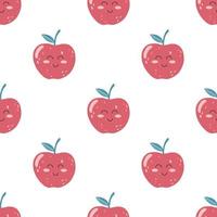 Seamless pattern with cute apple kawaii fruit with happy face in flat style. Hand drawn vector illustration of children cartoon background for wrapping paper, fabric print, cover, card design