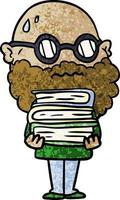 cartoon worried man with beard and stack of books vector