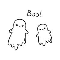 Cute ghosts and hand drawn lettering boo in black linear drawing style. Holiday design for greeting cards, banners, posters and flyers. Vector Illustration