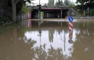 Dusseldorf, Germany, 2021 - Extreme weather - flooded street zone in Dusseldorf, Germany photo