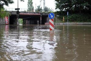 Dusseldorf, Germany, 2021 - Extreme weather - flooded street zone in Dusseldorf, Germany photo