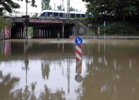 Dusseldorf, Germany, 2021 - Extreme weather - flooded street zone in Dusseldorf, Germany photo