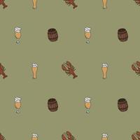 Seamless Pattern With Beer Mugs, Barrels And Crayfish. Background For Menu, Packaging, Bar Design. vector