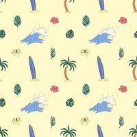 Seamless Pattern With Hand Drawn Elements With a Surf Theme. Wave, Surf, Palm Trees And More. vector