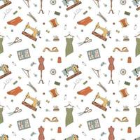 Seamless Pattern With Sewing Elements. Sewing Machines, Dresses, Buttons, Scissors, Needles, Etc. vector
