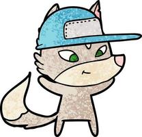 friendly cartoon wolf wearing trucker cap vector