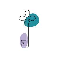 Key with a sign of a trefoil in the style of line art with colored spots. vector illustration