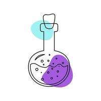 Flask with potion in the style of line art with colored spots. vector illustration