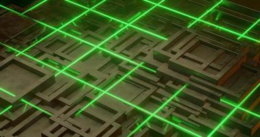abstrakt bakgrund använder sig av en geometrisk kub mönster med en metallisk textur med rör på sig rader i neon grön, 3d tolkning, och 4k storlek video