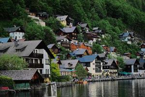 Beautiful scenic landscape over Austrian alps lake in Hallstatt, Salzkammergut, Austria. photo