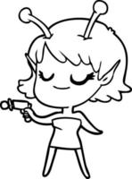 smiling alien girl cartoon pointing ray gun vector