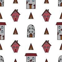 Doodle cute hand drawn houses vector seamless pattern