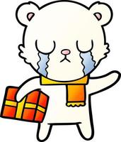 crying polar bear cartoon with christmas gift vector